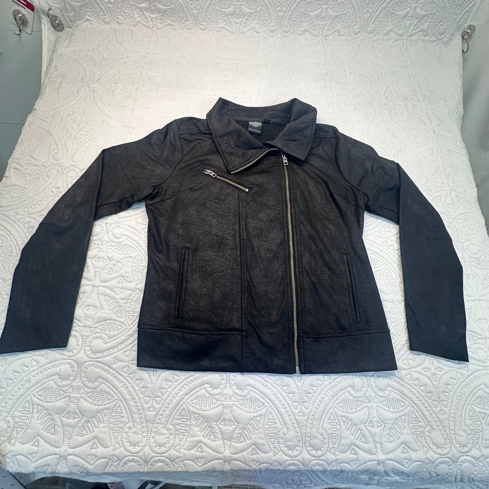 Harley-Davidson Womens Black Coated Asymmetric Zip Moto Jacket Metallic Biker